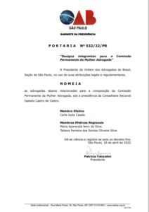 Leia mais sobre o artigo Nomeação para a Comissão Permanente da Mulher Advogada – OAB/SP