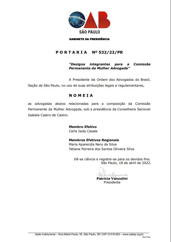 Leia mais sobre o artigo Nomeação para a Comissão Permanente da Mulher Advogada – OAB/SP
